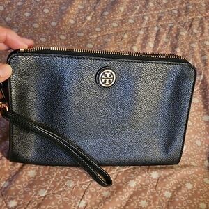 Tory Burch Black Leather Zip Wristlet with Gold Accent